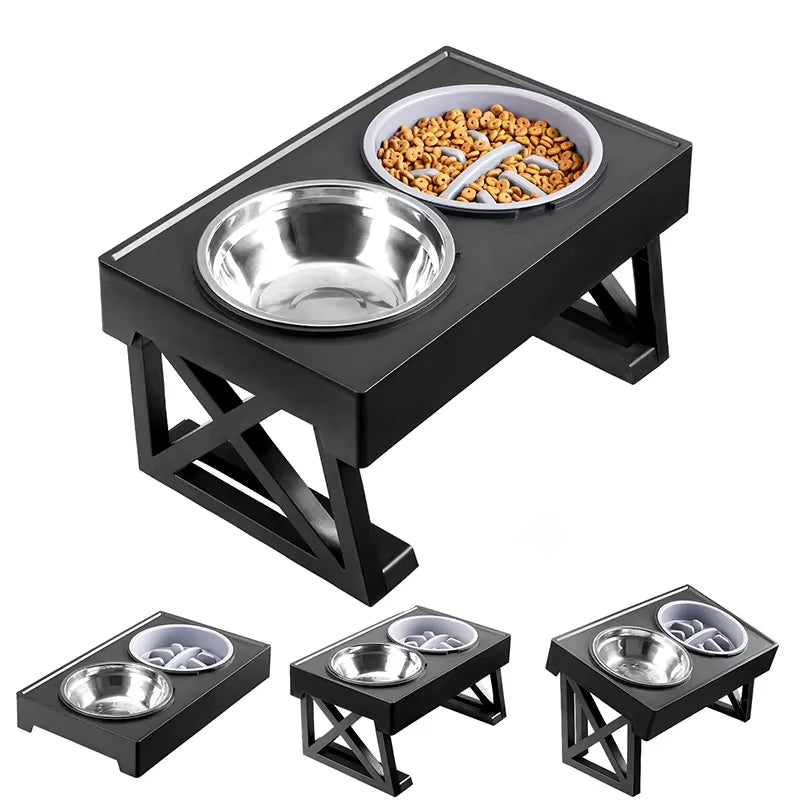 Dog Double Elevated Bowls Stand 3 Adjustable Height Pet Slow Feeding Dish Bowl Medium Big Dog Elevated Food Water Feeders Table - ZePacKs