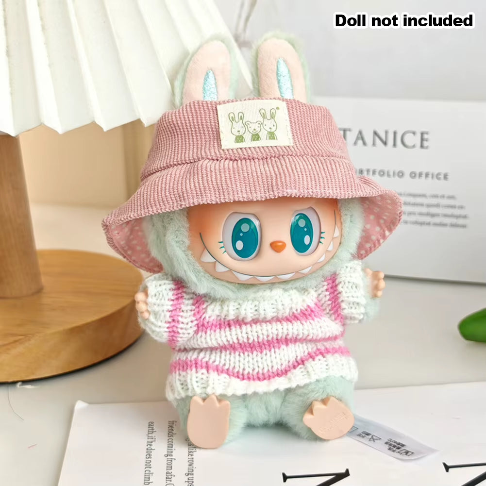 For 17Cm Labubu Doll Clothes Pink Striped Sweater Set Insulated Cup Pendant Plush Fur Hat Ropa Labubu Outfit Accessories - ZePacKs