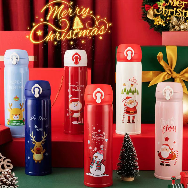 500Ml Stainless Steel Christmas Thermos Cup Elk Santa Vacuum Water Bottle Thermos Cup with Lid Christmas Gift for Girl Friend - ZePacKs 